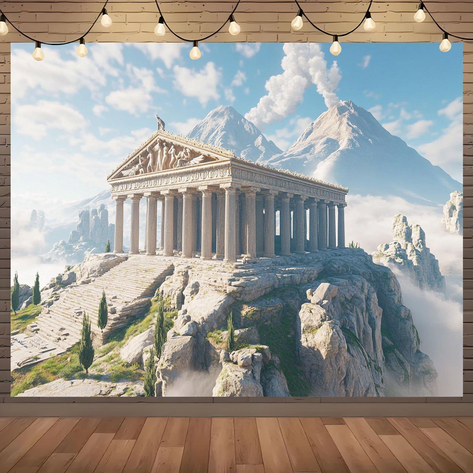 Olympus Mountain background banner - Greek mythological theme and Parthenon design polyester Greek mythological decoration 100x150cm