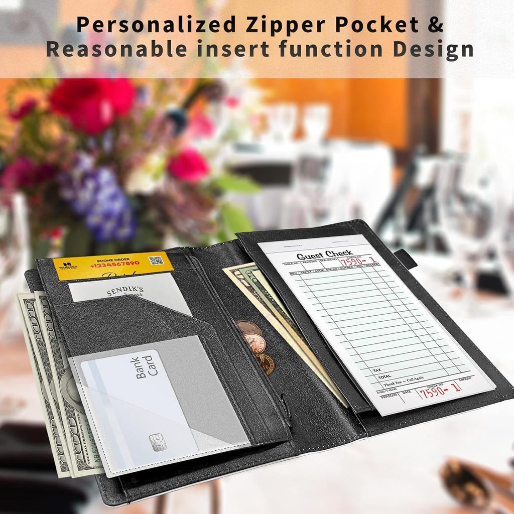 Server Book,Waitress Book,5x9 Inch Server Books for Waitress & Waiter, Cute PU Leather Serving Book Guest Check Presenters Organizer with Zipper