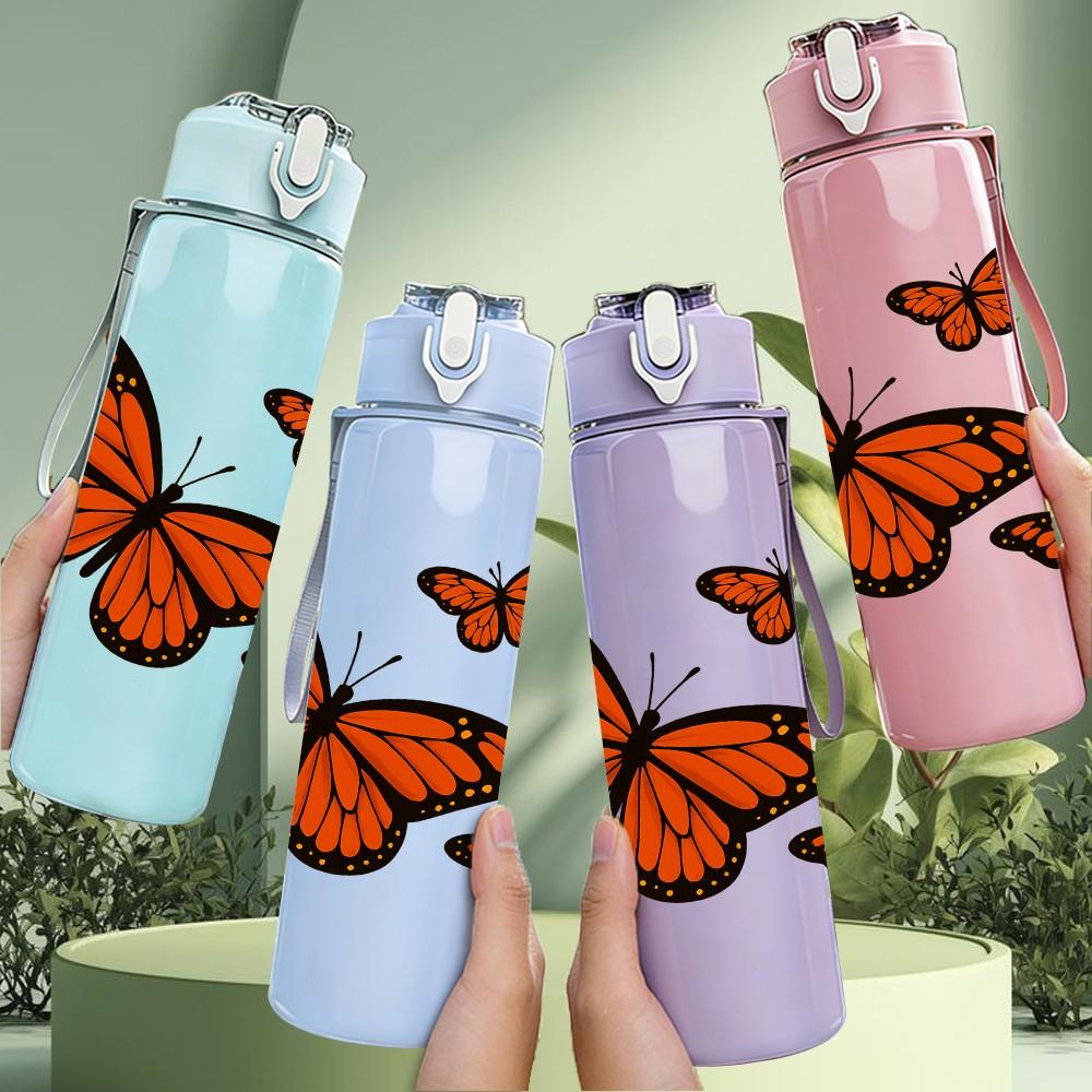 1PC Trio Orange Butterflies 750ml Color Plastic Sports Water Bottle Leakproof Flip Straw Lid Suitable for Sports Office Home Use