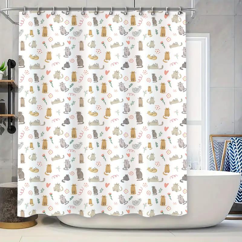 

Cute Cat Shower Curtain Bathroom Decor Waterproof Fabric Print Pattern Home Decoration White with Multicolor Cats Hearts design 90x180cm