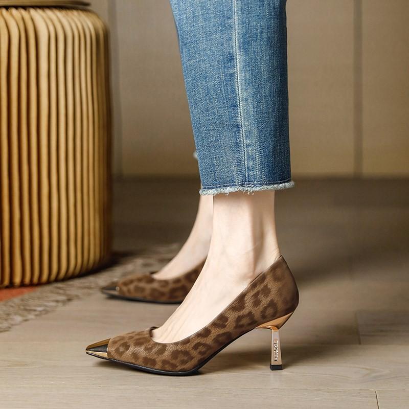 Fashion New Style Luxury Women's Fashion HIgh Heels for Women Shallow-Mouth Single Shoes Leather Sheepskin Leopard Print Shoes