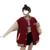 Women's Retro Red European Windproof Embroidery Fleece Jacket, A-Line, Round Neck, Autumn/Winter