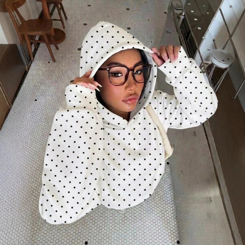 Women S Loose Fit Polka Dot Print Hooded Sweatshirt