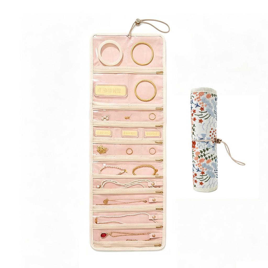 Portable Roll-Up Jewelry Organizer with Embroidered Cover, Lightweight Travel Jewelry Storage Pouch for Necklaces, Bracelets