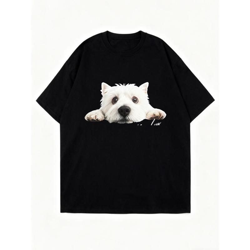 Oversized T Shirt Black Westie Dog Print Casual Wear for Women Everyday Outfit Streetwear Fashion Statement Top