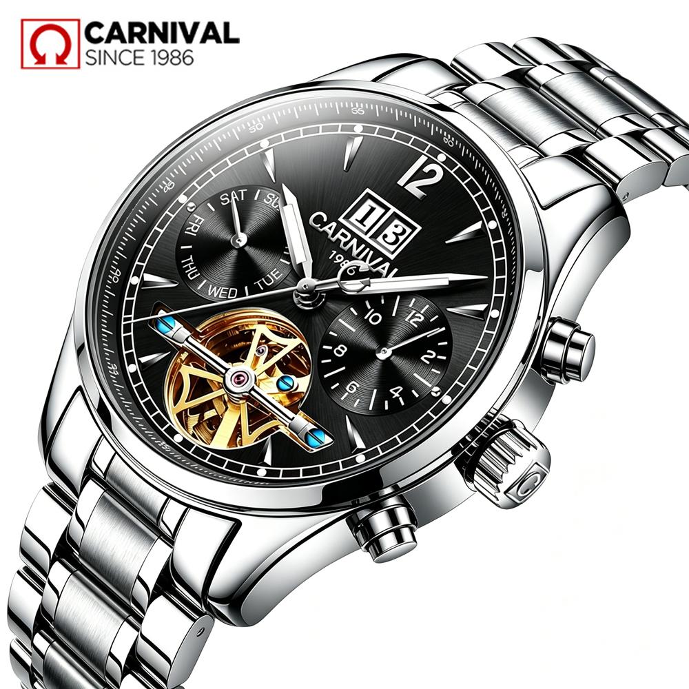 CARNIVAL Luxury Brand Automatic Watches Men Stainless Steel Tourbillon Mechanical Watch Luminous Waterproof Date Clock Reloj