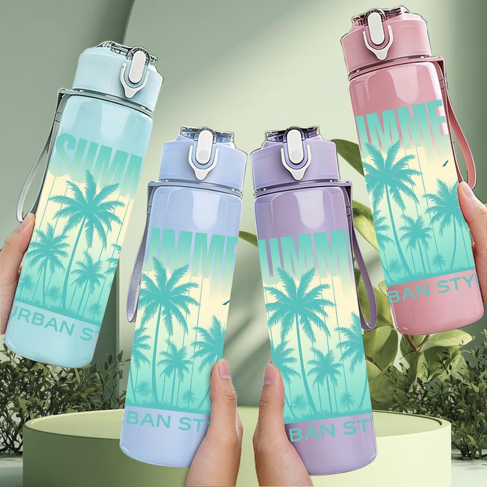 1PC Summer Palm Tree Urban Style Print 750ml Color Plastic Sports Water Bottle Leakproof Flip Straw Lid Suitable for Sports Office Home Use