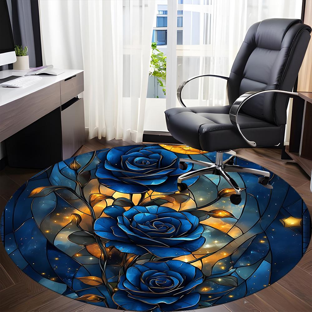 1pc Blue Roses Stained Glass Office Round Area Rug, Indoor Mat Suitable ForOffice, Under Office Chairs Bedroom Living Room Home Decor, Room Deco,  N63