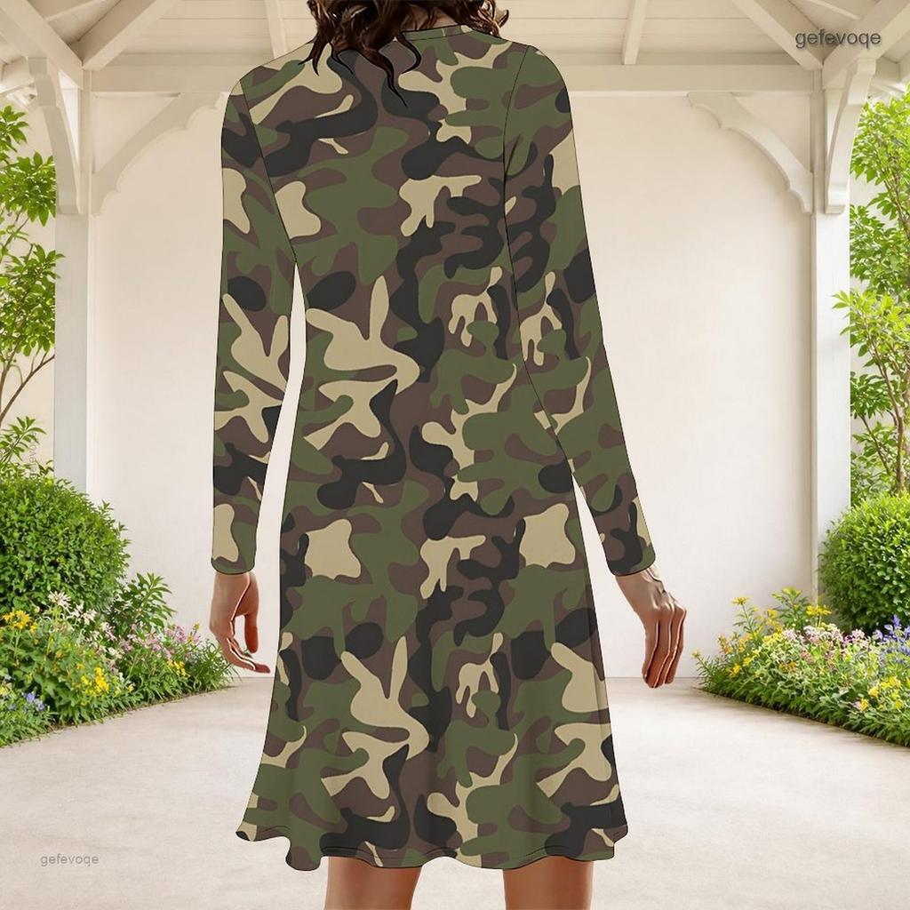 Women Plus Size Round Neck Long Sleeve White Floral Printed A Line Dress