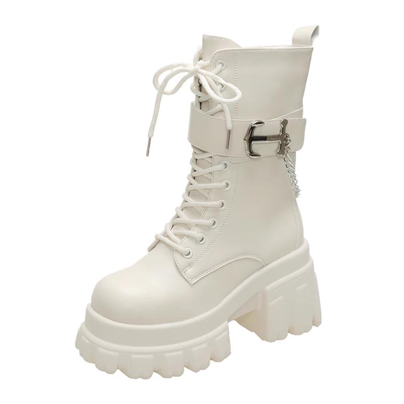 

Модные ботинки до середины икры на массивной платформе 9 см для женщин, новые осенне-зимние мотоциклетные ботинки, женские кожаные ботинки на толстой подошве с нескользящей подошвой 38 бежевый