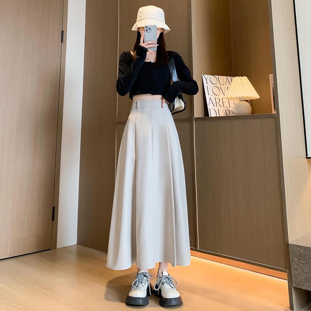 Jupe longue évasée taille haute abricot pour femme - Coupe petite, drapé amincissant pour le printemps à l'hiver 2026