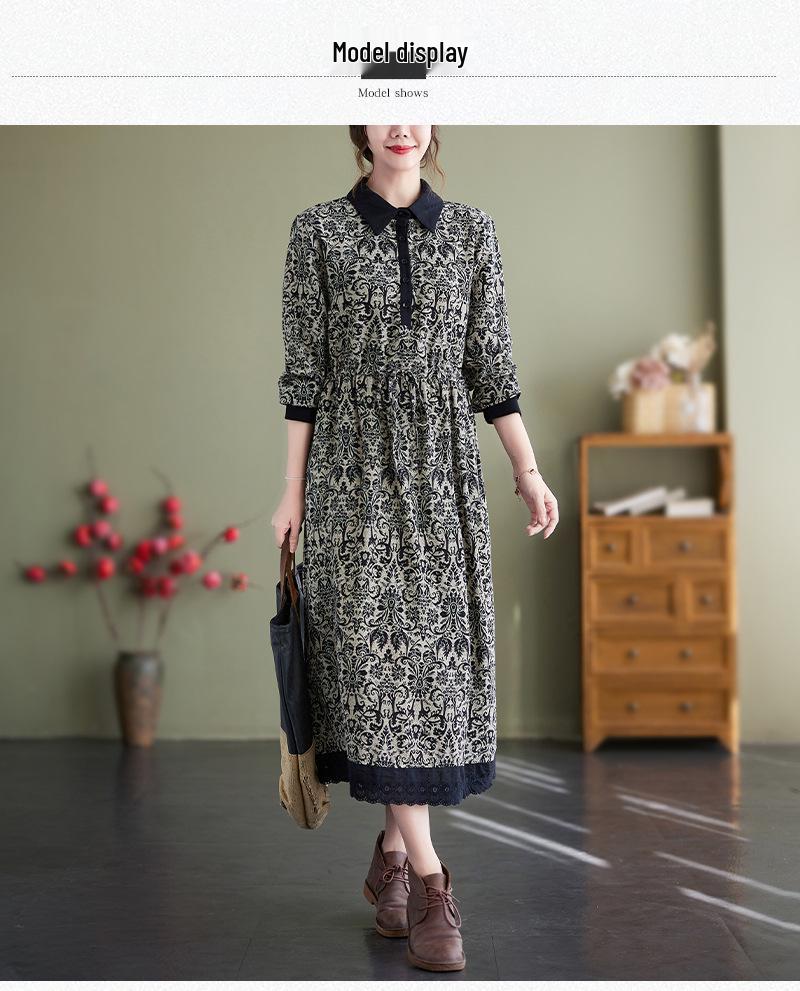 Autumn Literary Print Dress: Long-Sleeved, Cotton-Linen, Loose Fit, Extended Style with Shirt Collar