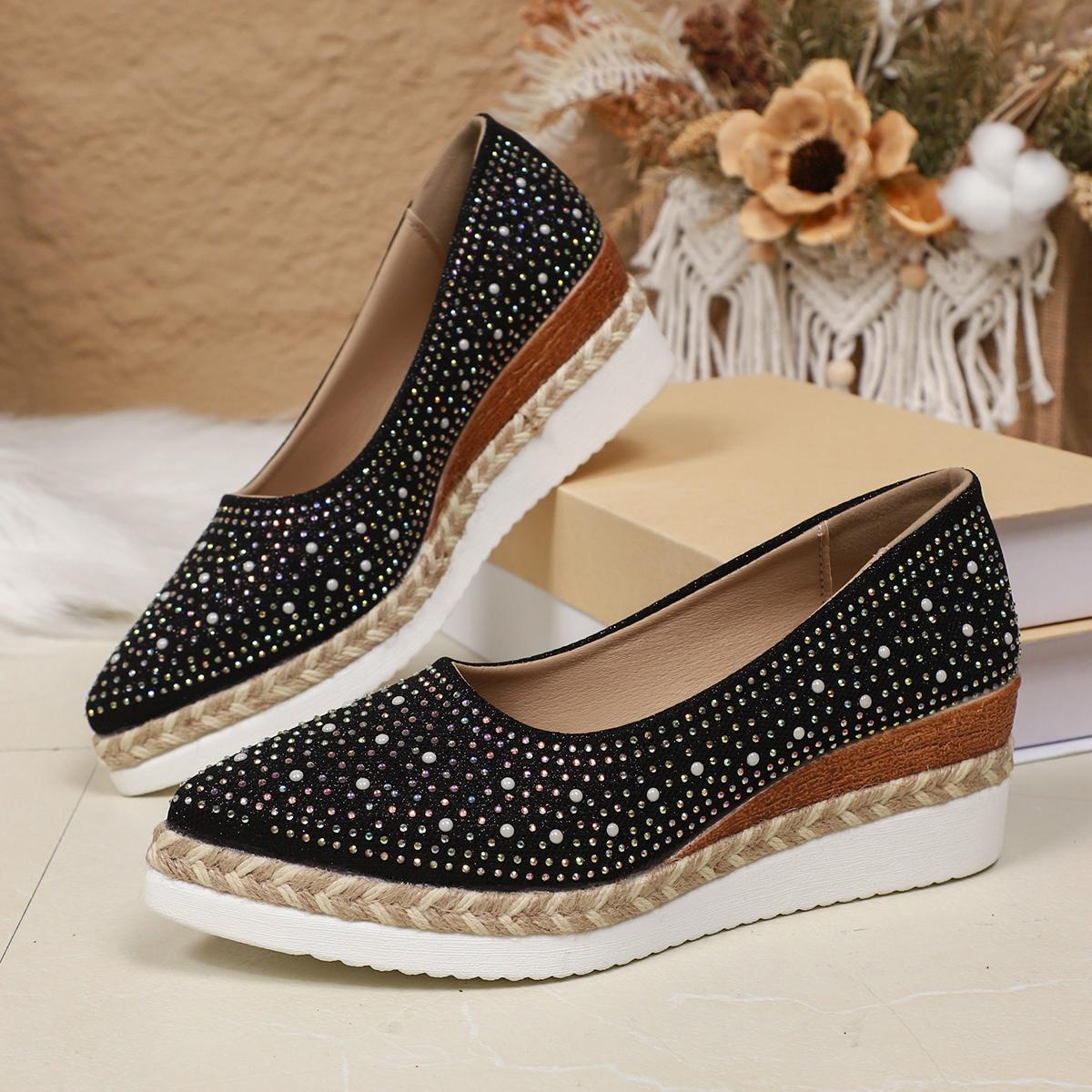 

Sequin Cloth Glitter Decoration Wedge Heel Pumps Women 2025 Autumn Pointed Toe High Heel Loafers Casual Soft Sole Shoes 43 чёрный