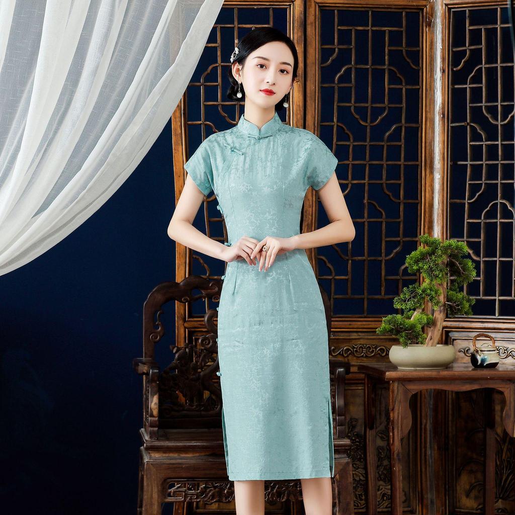 2022 Blue Waist-Slimming Retro Chinese Raglan Sleeve Tencel Cotton Cheongsam