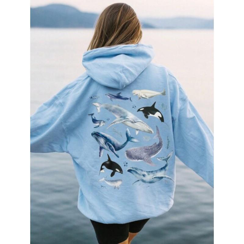 Women's American Style Ocean Print Hoodie - Autumn Winter Loose Fit