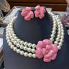 Medieval Premium Pink Camellia Multi-Layer Neck Chain Necklace Drip Oil Enamel Color Flower Stud Earrings Set