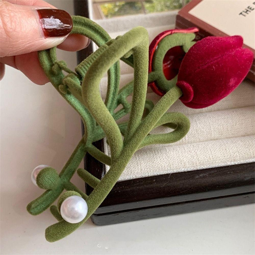 Pearl Korean Style Headwear Red Velvet Hair Claw Flocking Tulip Hair Clip Female Hair Accessories