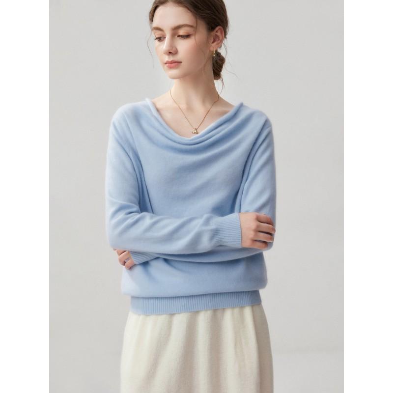 Womens Cashmere Blend Sweater With Batwing Sleeves Loose Fit Turtleneck-Free Boat Neck Knit Top Winter