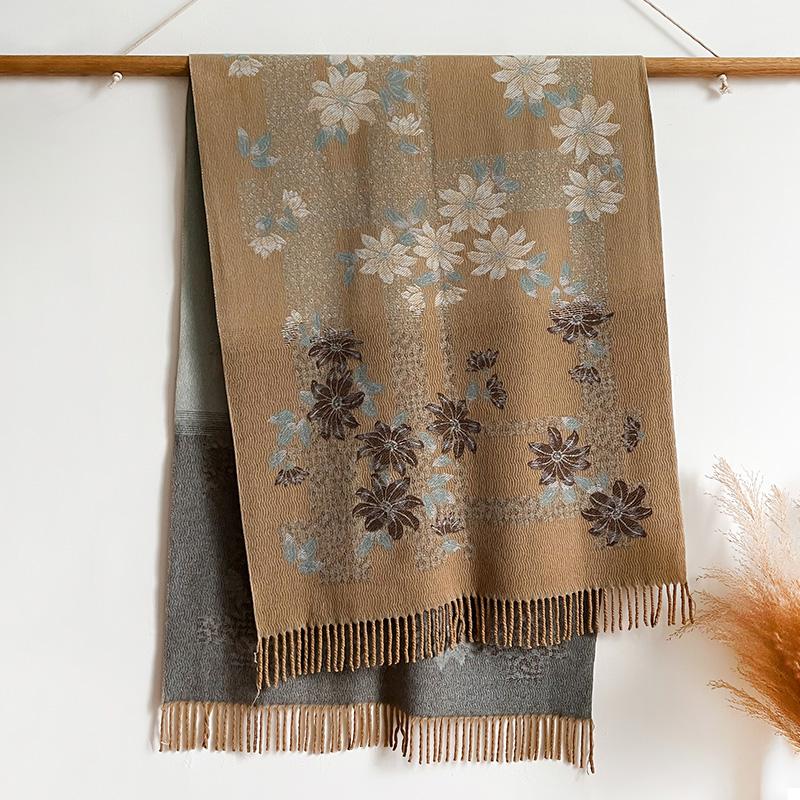 

S Ethnic Style Two-Sided Scarf Cashmere Soft Warm Long Fringe Pashmina Shawl Winter Coldproof Windproof Blanket Scarf