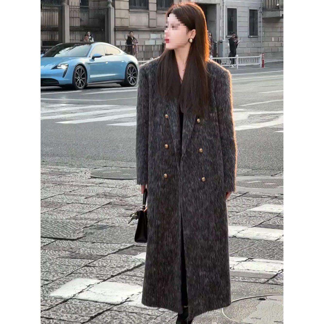 

Hepburn Wool Coat: Elegant Padded Shoulder, Thick Grey Long Coat for Women, New Autumn/Winter Collection S (80-95 kg)