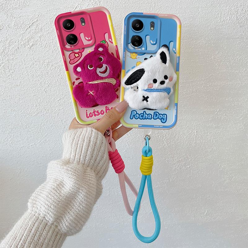 KEYSION Roztomilé 3D kreslené plyšové pouzdro pro Xiaomi POCO C65 s lanyard měkkým silikonovým nárazuvzdorným krytem na telefon pro Redmi 13C 4G 5G