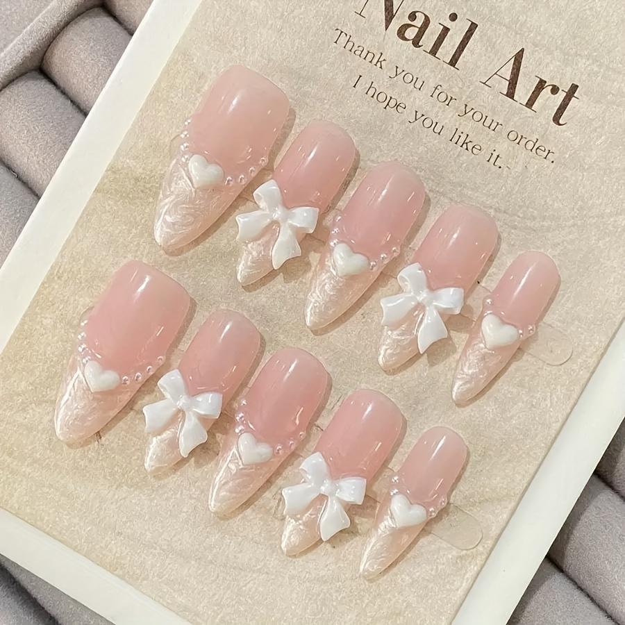 10pcs French Pearl Heart Bow Pink Handmade Fake Nails Medium Length Press On Nails For Women