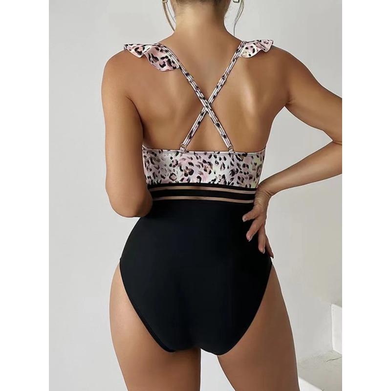 Leopard Ruffle  One Piece Swimsuit Women 2025 High Waist Mesh Tape Swimwear Female Beachwear V-neck Bathing Swimming Suit Summer