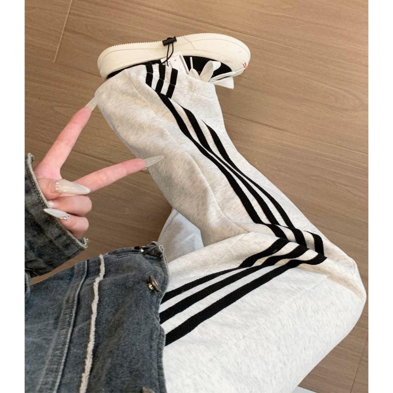 Grey Sweatpants Women's New Summer Small Loose Straight Spring and Autumn Casual Striped Wide-leg Sweatpants