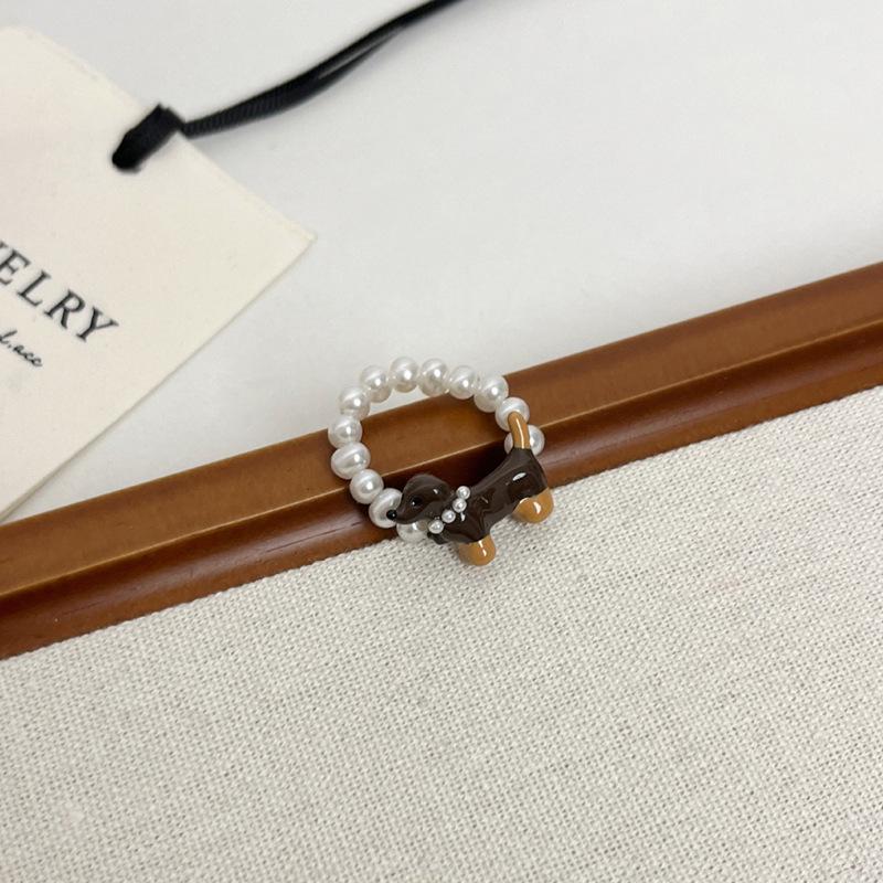 Korean Dachshund Pearl Ring: Cute, Niche Design, Versatile Childlike Finger Accessory