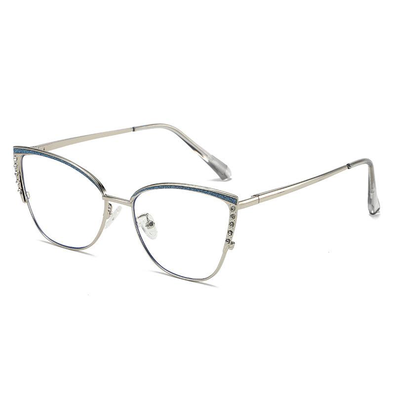 European and American metal cat eye glasses frame fashion trend personalized decoration diamond-encrusted flat glasses color-changing anti-blue glass