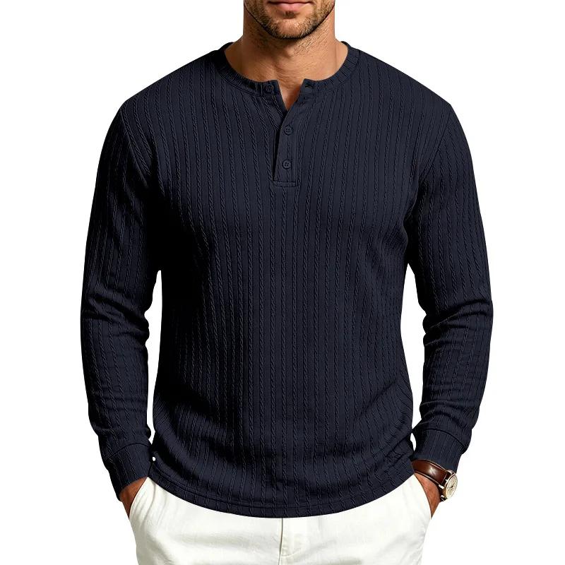 Spring Autumn Men's Knit T-Shirts Henry Collar Solid Color Striped Casual Tshirt Men Vintage Style Fashion Knitted Pullover Tees