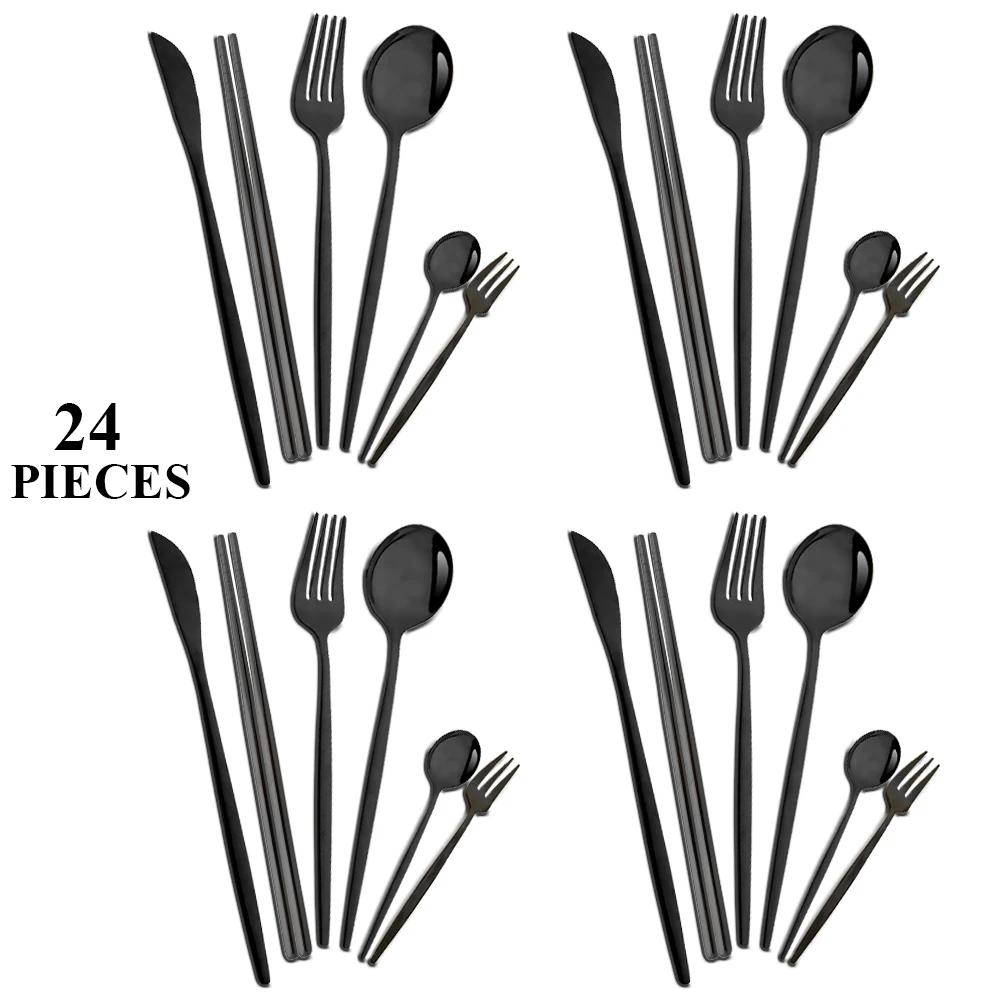 24Pcs Gold Tableware Set Stainless Steel Flatware Dinner Knife Forks Spoon Chopsticks Cutlery Set Kitchen Wedding Dinnerware Set