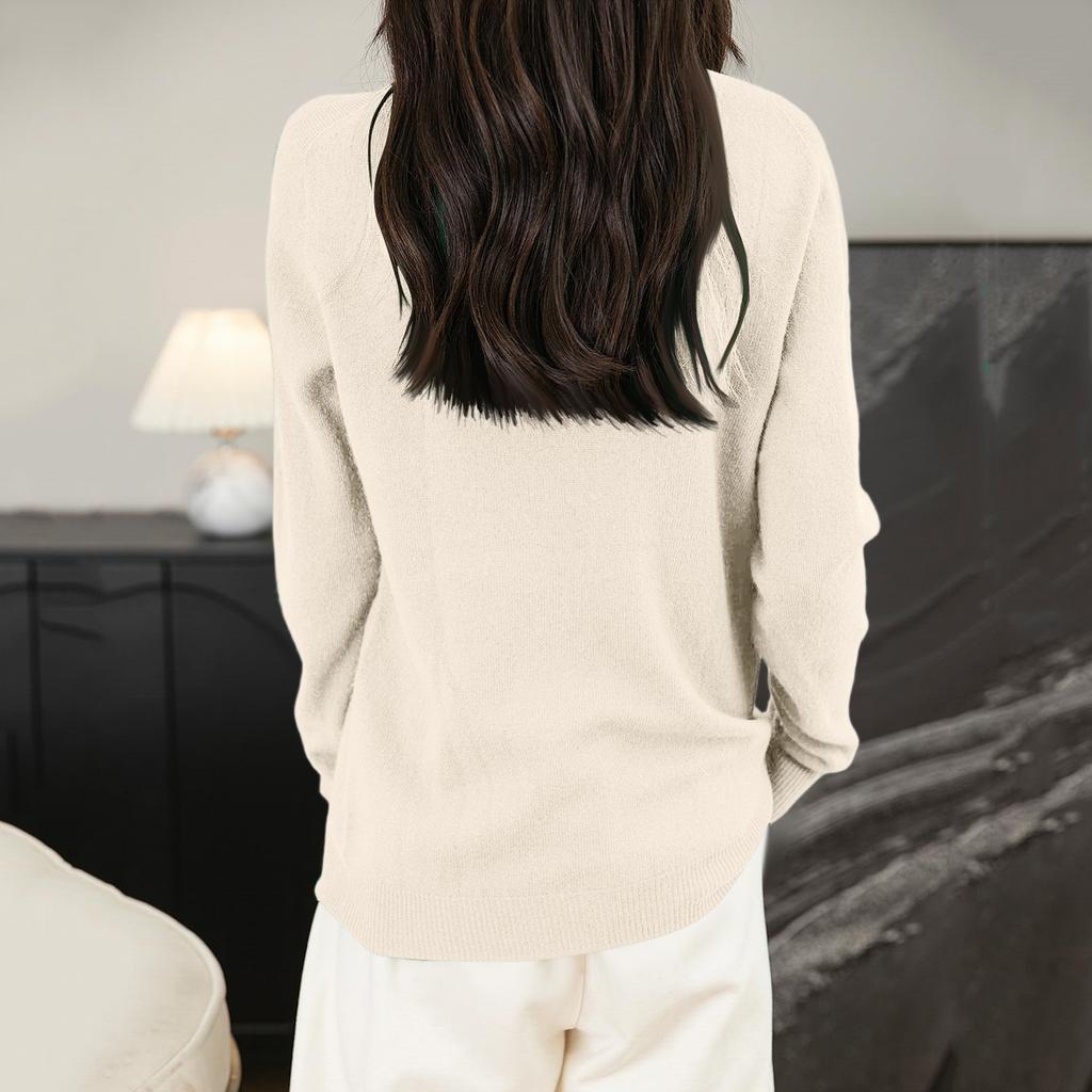 Women's Fashion Flat-Knit Half-Turtleneck Pullover Sweater Solid Color Long-Sleeve Top