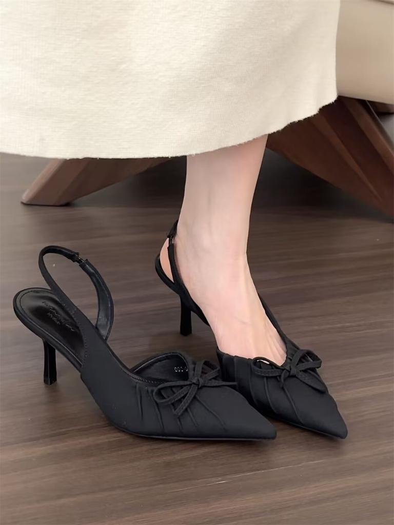 Nischen-Temperament High Heels Damen Frühling Schleife spitze Zehenpartie flacher Ausschnitt dünner Absatz Tasche Kopf Sandalen