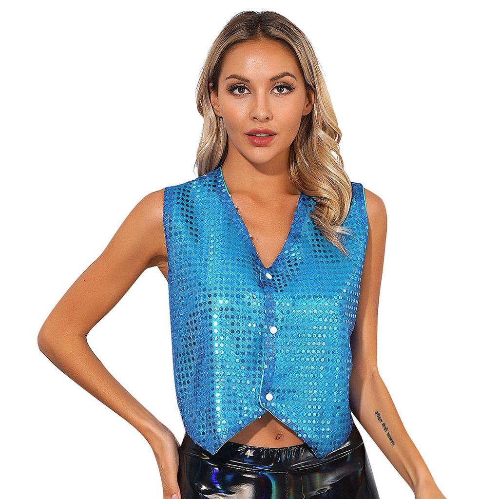 Women's Glitter Sequins Vest - Button Up Pointed Hem Waistcoat for Choir Jazz Dance & Stage Performance