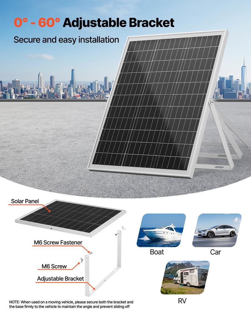 VEVOR 25W 12V Solar Panel Battery Charger, Solar Battery Trickle Charger Maintainer with Intelligent MPPT Controller & Adjustable Mount Bracket