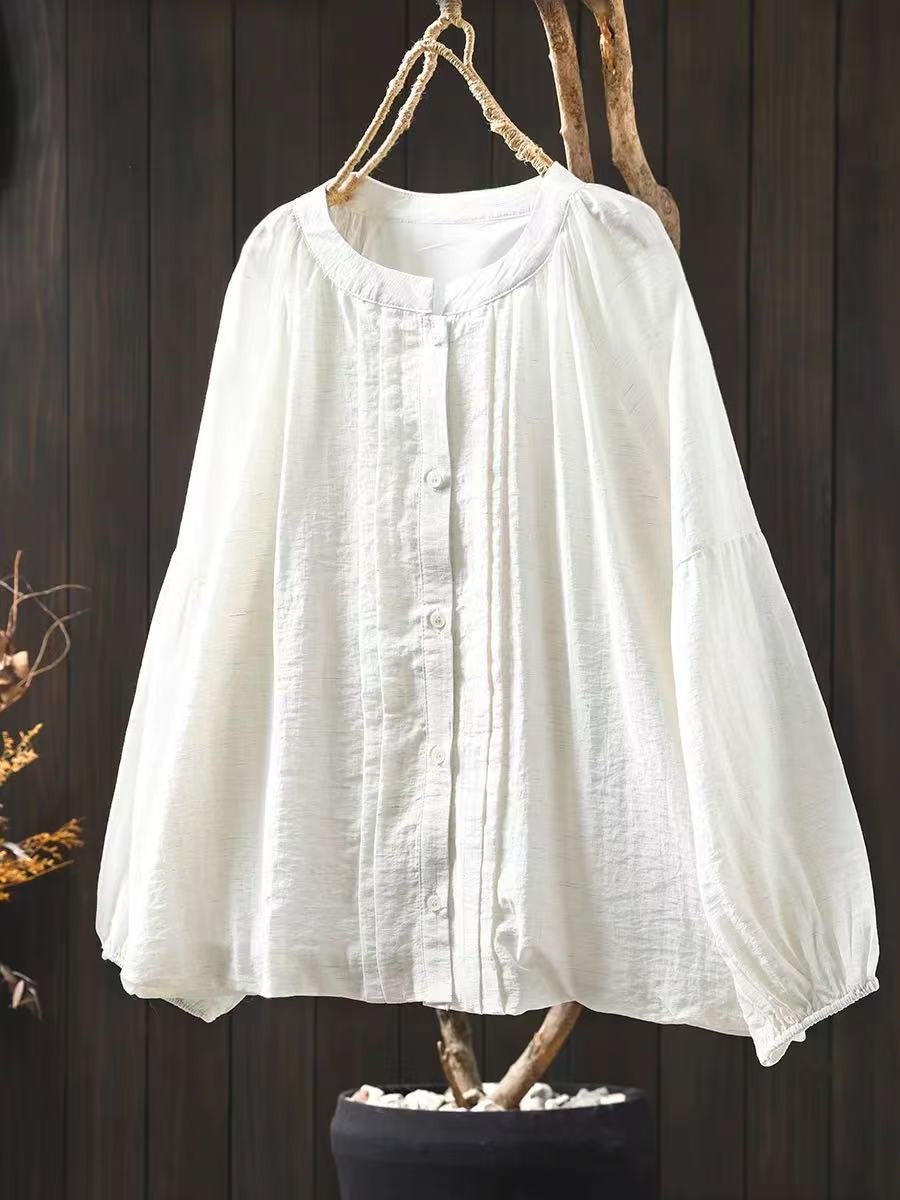 

Johnature Женские весенние винтажные рубашки на пуговицах, однотонные блузки, свободные, с круглым вырезом, с длинным рукавом, повседневные женские рубашки One Size белый