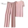 Lady Top Pants Set 2 Pcs/Set Women T-shirt Pleated Wide Leg V Neck Short Sleeves Summer Loose Homewear Pullover Thin Plus Size Trousers Clothing