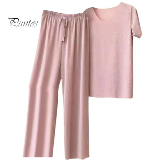 Lady Top Pants Set 2 Pcs/Set Women T-shirt Pleated Wide Leg V Neck Short Sleeves Summer Loose Homewear Pullover Thin Plus Size Trousers Clothing
