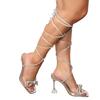 Fashion New Rhinestone Butterfly-knot Transparent Square Toe Women Sandals Summer Fashionable Cross-tied  High Heels Shoes Zapatos Mujer