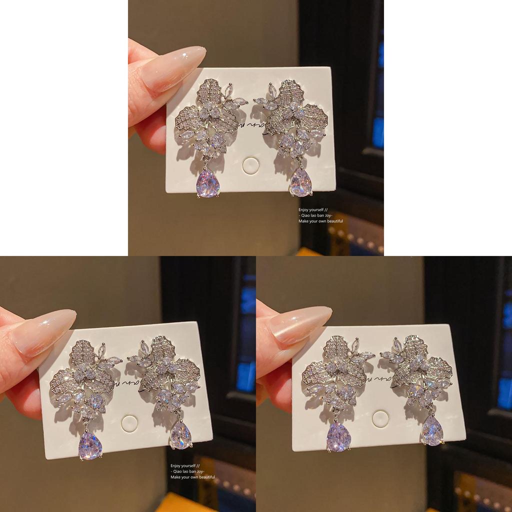 Silver Needle Zircon Water Drop Flower Earrings For Women Stylish Office Jewelry