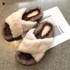 Fashion Celebrity Cross band fur slippers women winter shoes warm plush pantuflas thicken soled mixed colors fleeces slides mujer