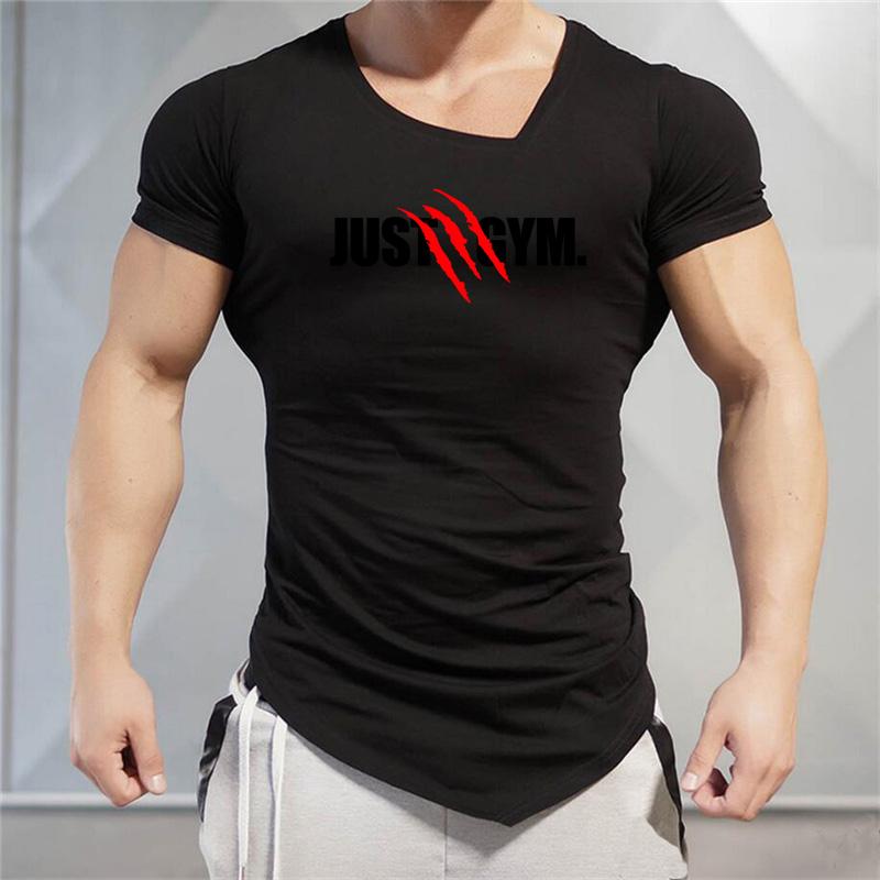 Muscleguys Mens Casual Irregular Sport Clothing Summer Cotton V-neck Short Sleeve Workout Shirts Gym Bodybuilding Fitness Slim Fit T-shirts