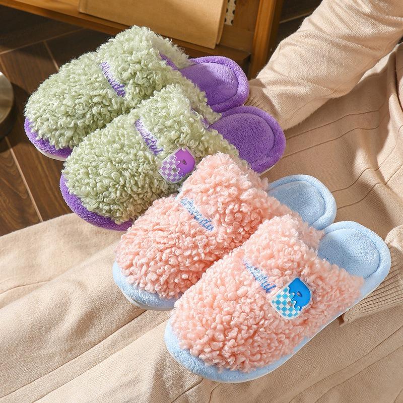 Cotton slippers women's autumn and winter indoor home warmth thick bottom non-slip couple velvet cartoon slippers men's home winter