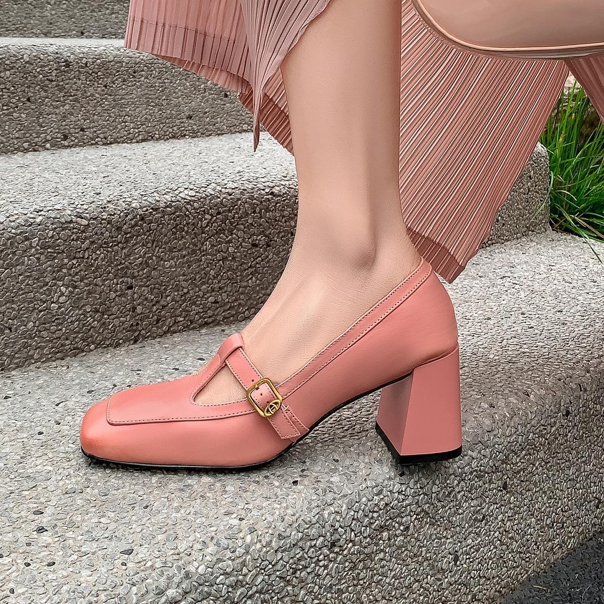 

Square head thick heel with skirt single shoes women s summer pink one-word with high heel versatile light mouth Mary Jane shoes 40