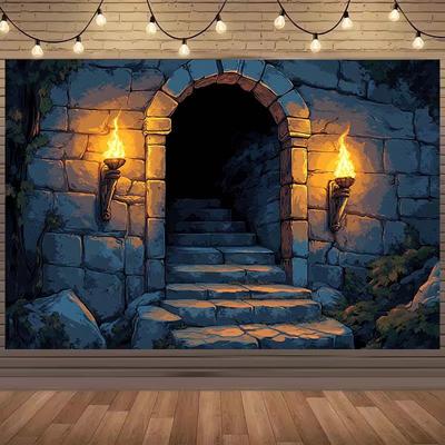 2D Medieval Stone Door Photography Background Cloth for Themed Parties