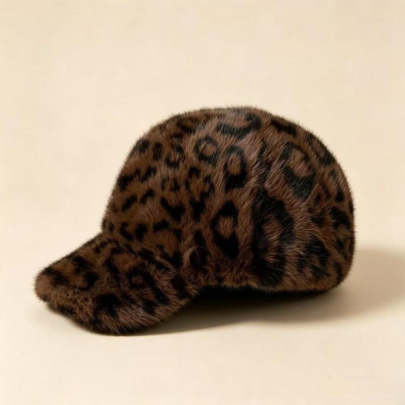 Autumn Winter Faux Mink Fur Leopard Print Warm Adjustable Baseball Cap