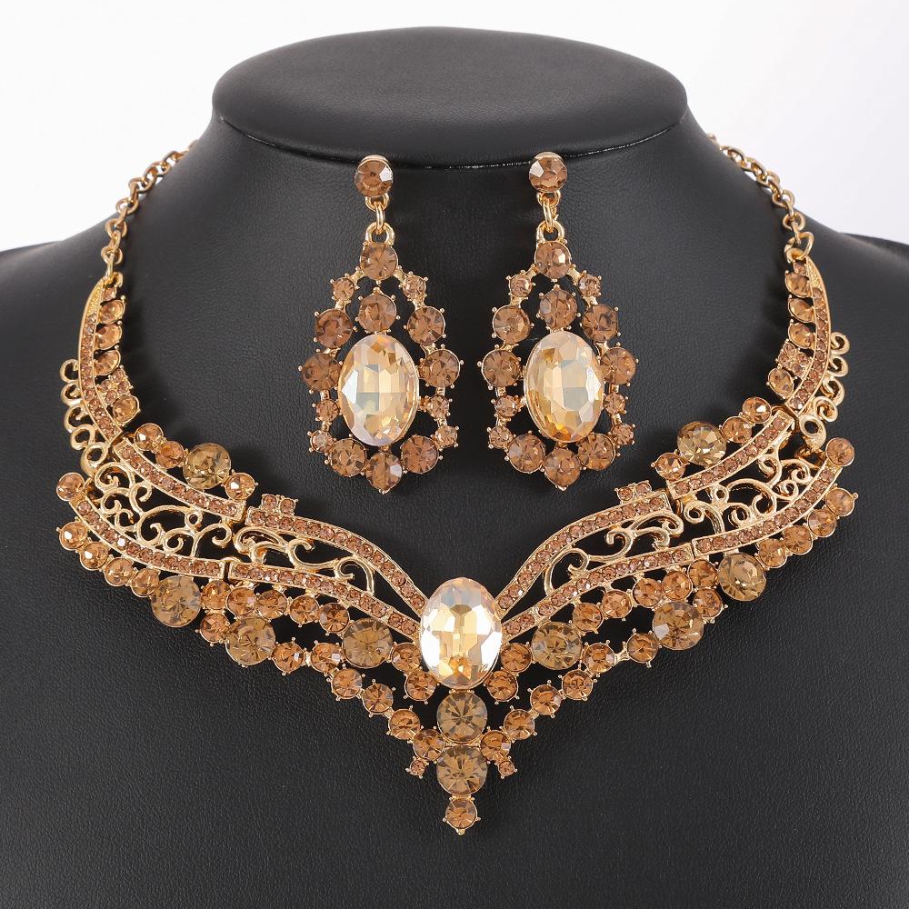 Women Crystal Necklace Earrings Indian Bridal Jewelry Sets Brides Wedding Party Costume Accessories