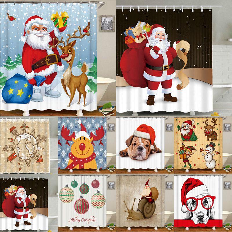 Curtain Christmas Shower With Hook Waterproof Bathroom Decoration Santa Claus