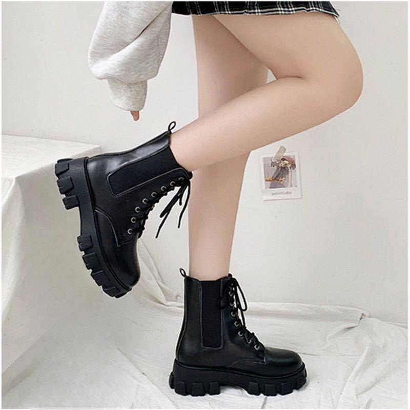 Real Soft Leather Martin Boots for Women British Style Korean Autumn and Winter Platform Boots for Women with Velvet Mid-calf Boots